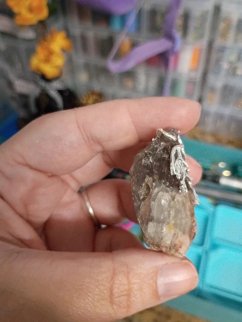 Whispers of the Earth Mother: Raw Smokey Quartz and Freeform Mixed Metal Pendant
